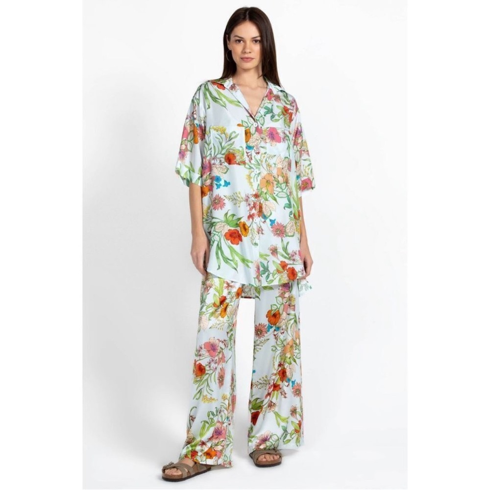 Johnny Was Pink and Green Floral Silk Blouse &pants